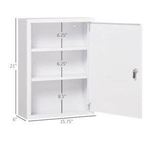 kleankin 16" x 21" Wall Medicine Cabinet with Lock, 3 Tier Steel Locking Wall Cabinet for Bathroom, Kitchen with 2 Keys, White