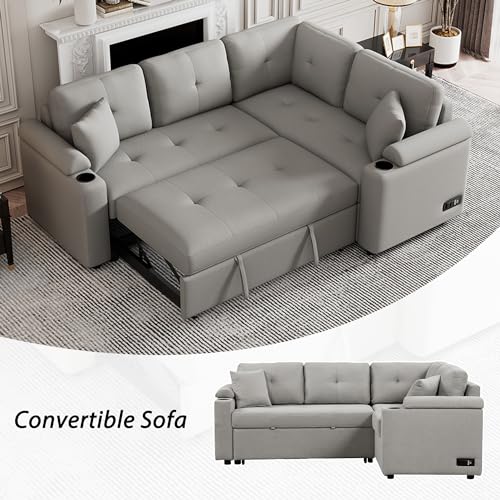 Verfur L Shaped Convertible Sectional Sofa with Pull Out Bed, Boucle Upholstery Reversible Couch with Cupholders&USB Ports, Power Sockets,4 Seater Corner Sofabed for Living Room Furniture Sets