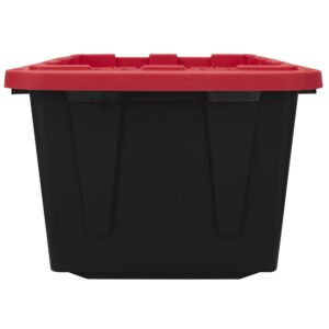 HErtL 27 Gallon Snap Lid Plastic Storage Bin Container, Black with Red Lid