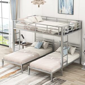 bovza metal triple bunk bed, full over twin & twin size bunk bed with built-in shelf and ladder, 3 bunk beds for kids teens adults, silver