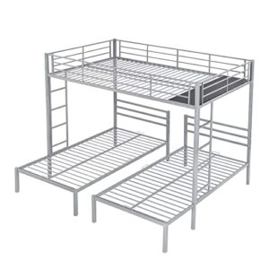 BOVZA Metal Triple Bunk Bed, Full Over Twin & Twin Size Bunk Bed with Built-in Shelf and Ladder, 3 Bunk Beds for Kids Teens Adults, Silver