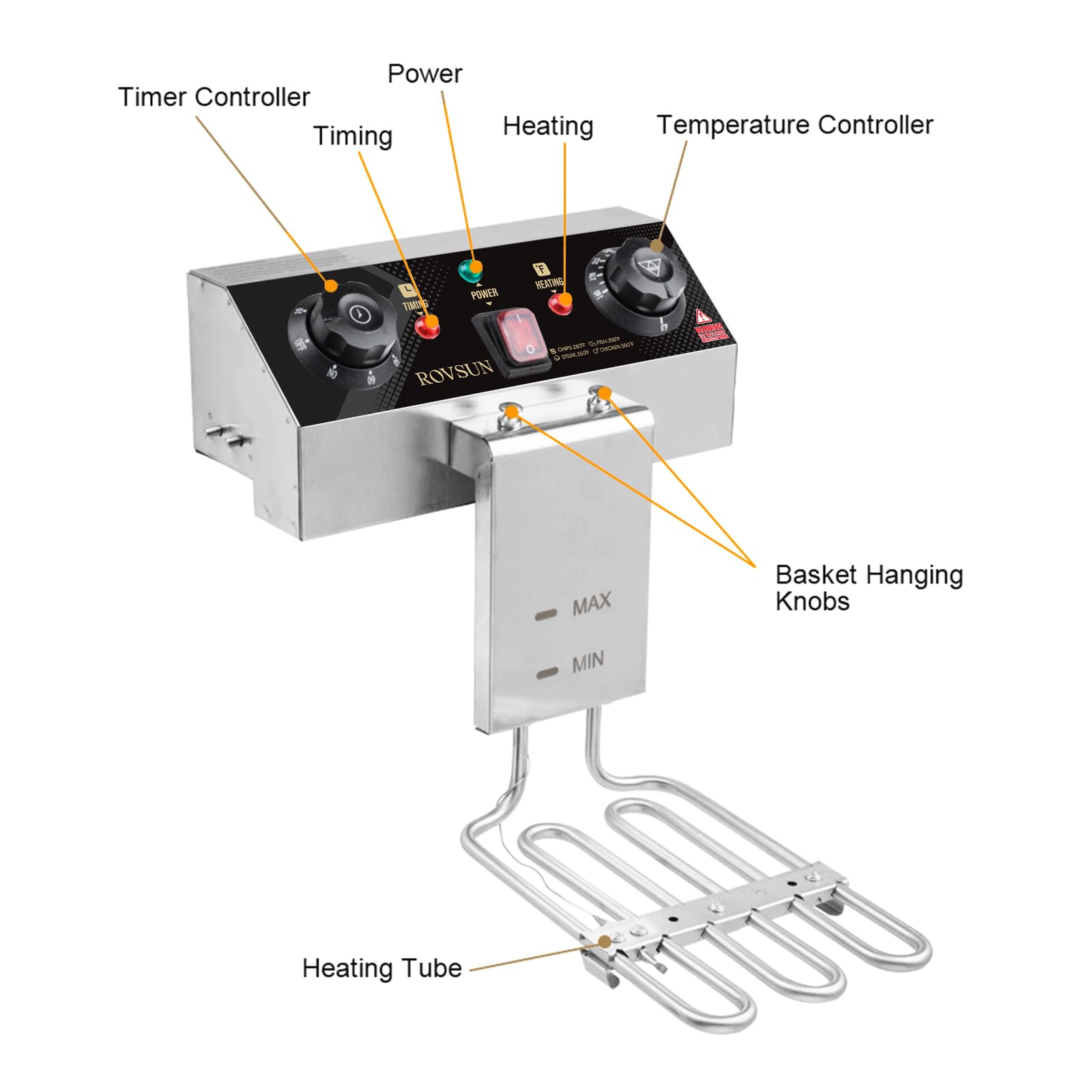 ROVSUN 12.5QT Electric Deep Fryer w/Frying Basket, Timer, Drain, & Lid, Stainless Steel Commercial Countertop Single Tank Oil Fryer, Adjustable Temperature, for French Fries Onion Rings, 1700W