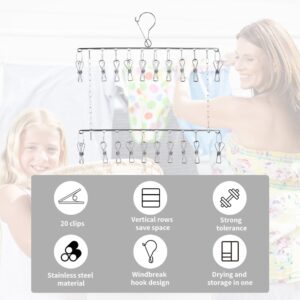 Zenquark Stainless Steel Sock Drying Rack, 2 Layers Swivel Hook Wind-Proof Sock Hanger Rack, Air Drying Rack with 20 Clips for Socks Underwear Knickers Shoe Insoles Baby Clothes Gloves