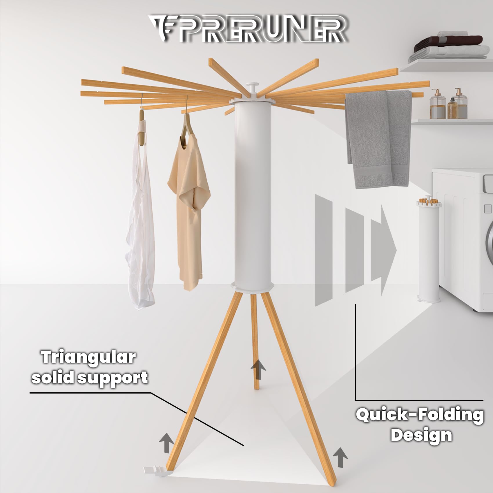 Preruner Foldable Tripod Clothes Drying Rack - Space Saving Design with 16 Expandable Drying Rods, Wooden Octopus Clothing Stand for Home, Balcony and Bedroom Use