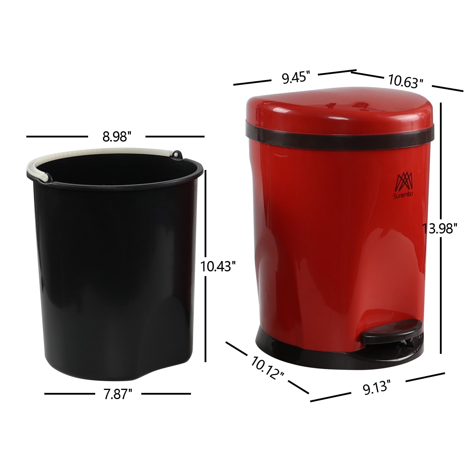 Lesbin 2.6 Gallon Plastic Round Bathroom Step Trash Can with Soft Close Lid, Step Trash Bin with Removable Inner Bucket, Red