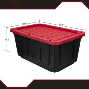 HErtL 27 Gallon Snap Lid Plastic Storage Bin Container, Black with Red Lid