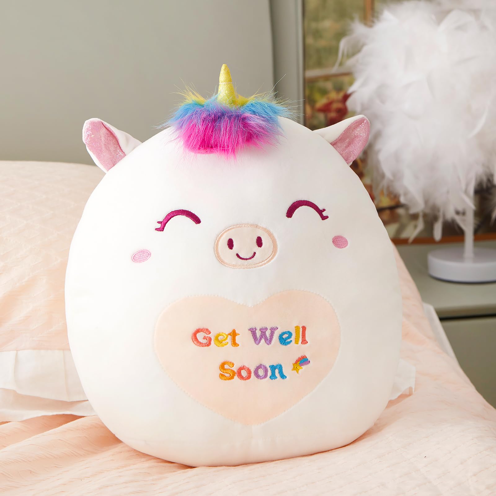 Athoinsu 12" Get Well Soon Unicorn Plush Pillow Soft Sofa Cushion Squishy Plushie Toy Cute Stuffed Animal Room Decor Feel Better Gifts for Recovering Patient