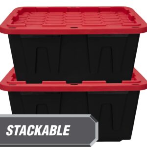 HErtL 27 Gallon Snap Lid Plastic Storage Bin Container, Black with Red Lid