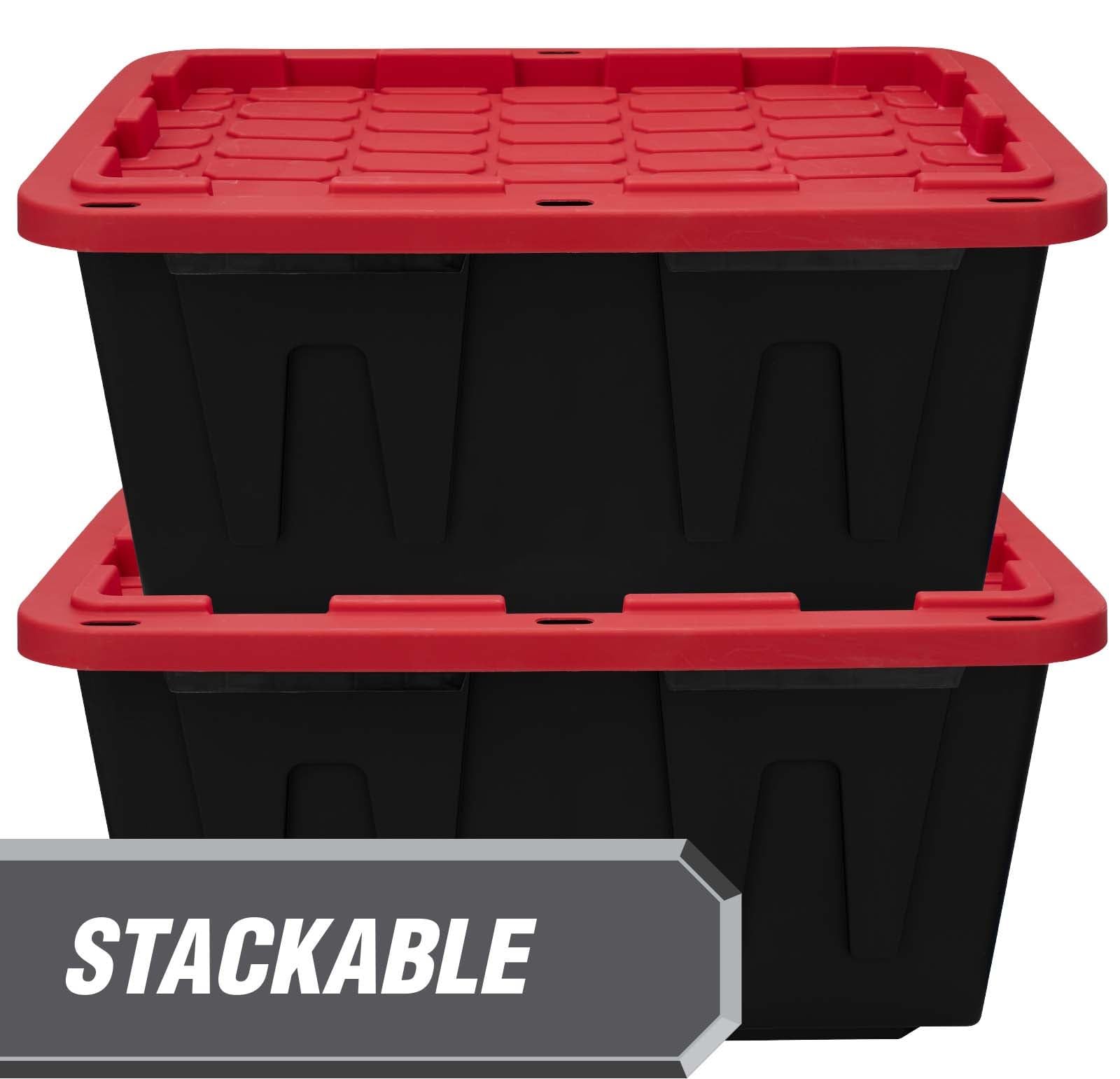 HErtL 27 Gallon Snap Lid Plastic Storage Bin Container, Black with Red Lid