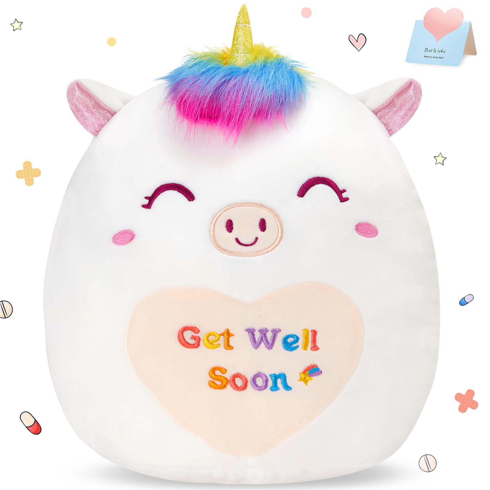 Athoinsu 12" Get Well Soon Unicorn Plush Pillow Soft Sofa Cushion Squishy Plushie Toy Cute Stuffed Animal Room Decor Feel Better Gifts for Recovering Patient