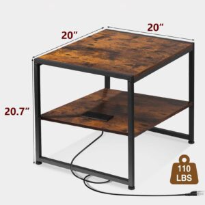 Tatub 20" End Table with Charging Station, Industrial Square Side Table with USB Ports & Outlets, Versatile 2-Tier Small Nightstand for Bedroom Living Room, Rustic Brown