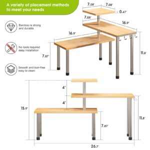 BMOSU Kitchen Corner Shelf Countertop Organizer with Hooks Adjustable Spice Rack Corner Display Rack Shelf Cabinet Counter Shelves(Bamboo)