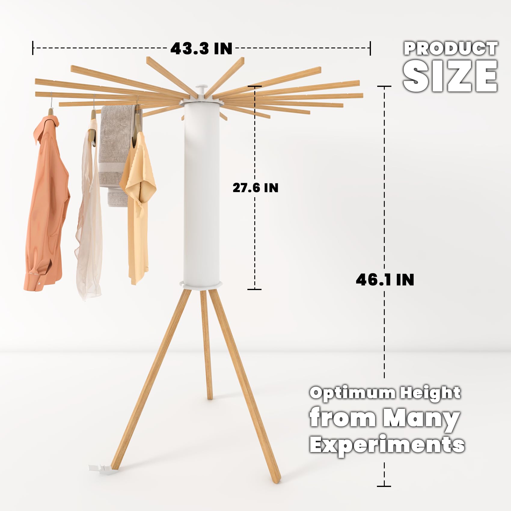 Preruner Foldable Tripod Clothes Drying Rack - Space Saving Design with 16 Expandable Drying Rods, Wooden Octopus Clothing Stand for Home, Balcony and Bedroom Use