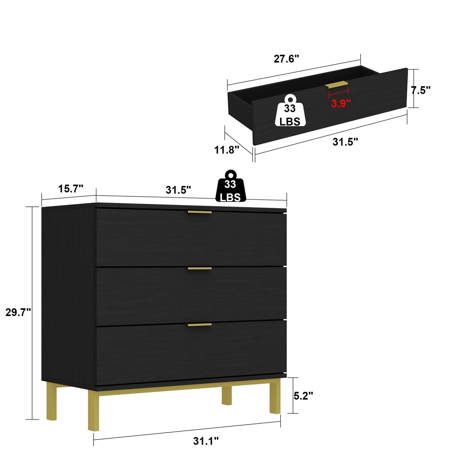 MOUMON Black and Gold Nightstands Set of 2 Side Table Bedside Table 3 Drawer Dresser, Large Nightstand with Gold Metal Legs, Modern & Contemporary, for Bedroom (31.5”w x 15.7”D x 29.7”H)