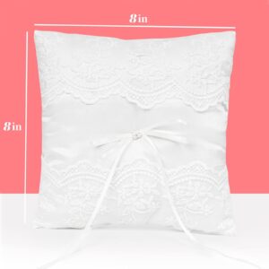 HONEYGIFTS Wedding Party Ring Pillow, 8x8in White Bearer Cushion Lace Pearl Wedding Ring Pillow with Embroider for Beach Wedding