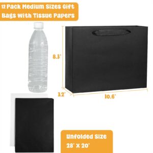 12 Pack Medium 10.6"x3.2"x8.3" Black Gift Bags with Tissue Paper, Kraft Shopping Bags with Ribbon Handles, Retail Wrapping Bags Set for All Occasions