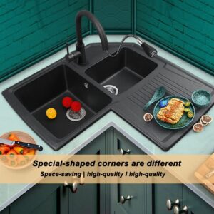 Kitchen Sinks Sinks for Kitchens Corner Quartz Stone Double- Bath Under- Counter Kitchen Sink, Kitchen Sink, Drain Corner, Shaped Sink, Kitchen Sink with Rounded Corners, Suitable for Restaurants, Ki