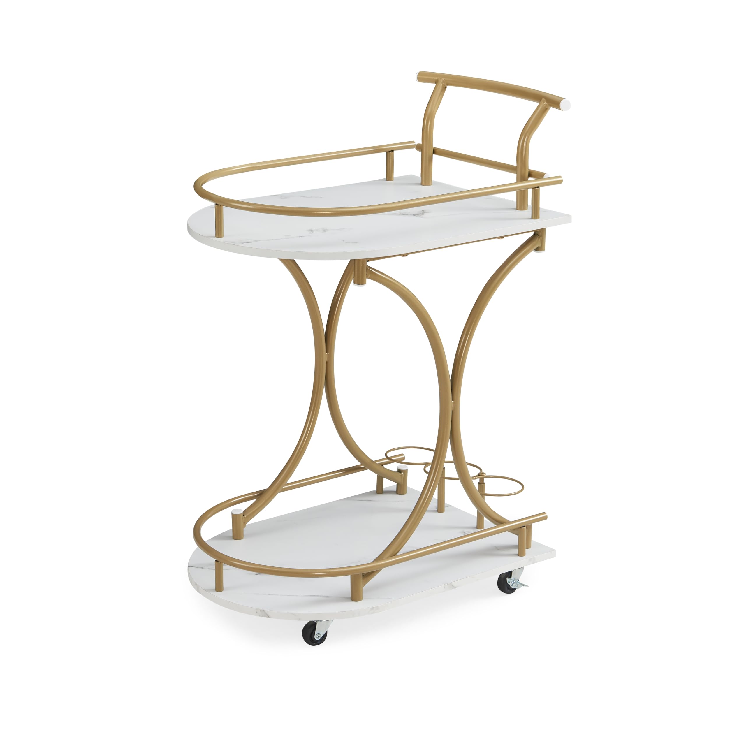 JOIN IRON Gold Bar Cart, 2-Tier Home Bar Serving Cart with Wheels, Wine Rack & Glass Holder, Mobile Beverage Cart for Kitchen, Dining Room, and Living Room (Gold2)