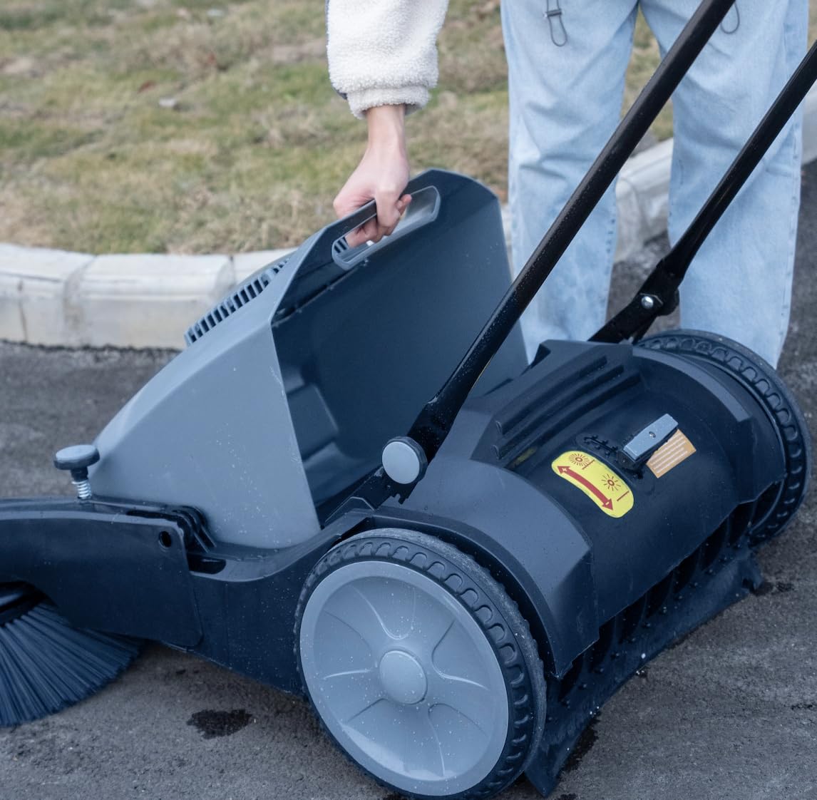 Industrial Floor Sweeper with 3 Brooms, 39 inch Cleaning Width, 39,000 Sq.ft per Hour, 14.5 gal Big Trash bin, Less Trips and Effort