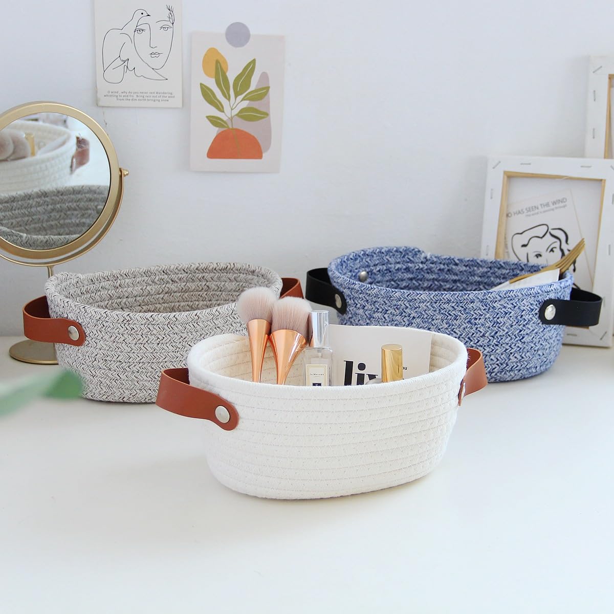 Kamuavni Woven Basket Storage Bins for Bathroom Small Toilet Paper Holder Basket Baby Nursry Basket with Handles for Toys Boho Decor Basket for Plants 9.1x7.1x4 inch-White