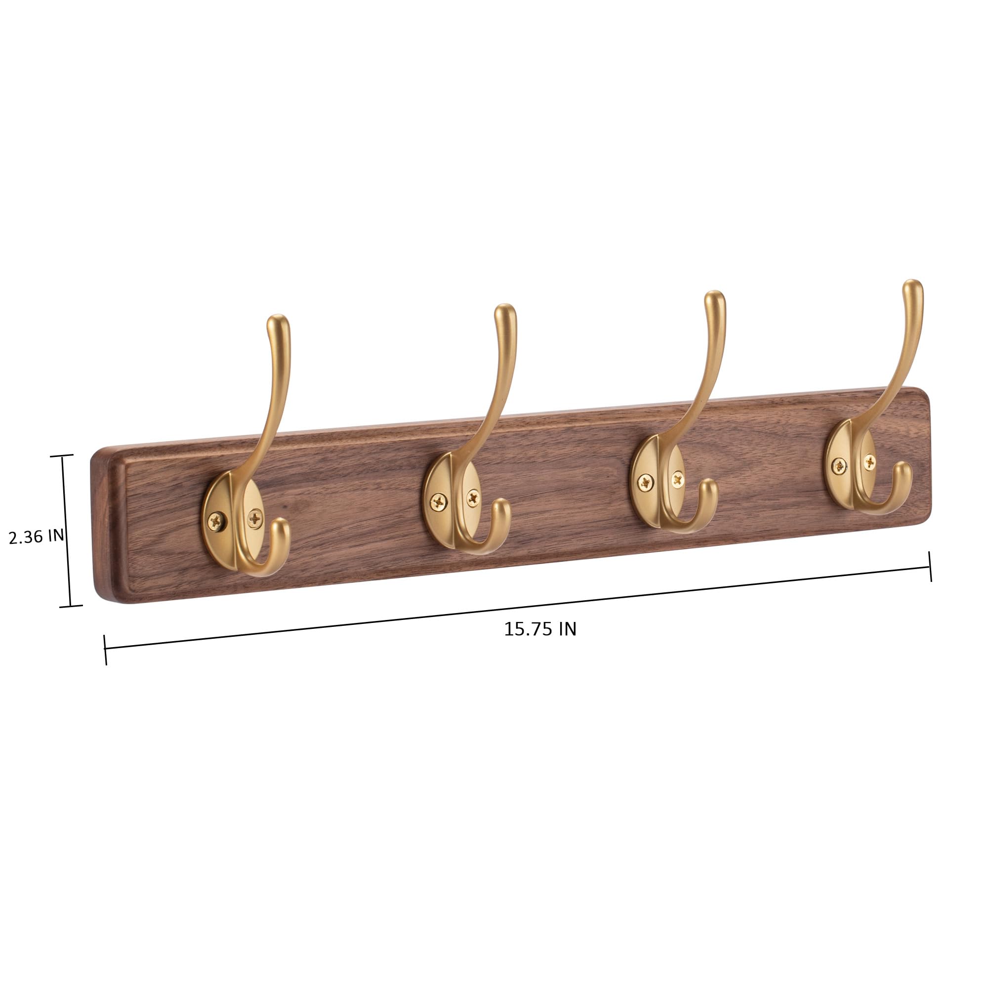 muso wood Coat Rack Wall Mounted Wooden Hat Rack and Coat Hanger Wall Coat Rack with 4 Gold Hooks for Entryway Bathroom Bedroom Walnut -15.75inches