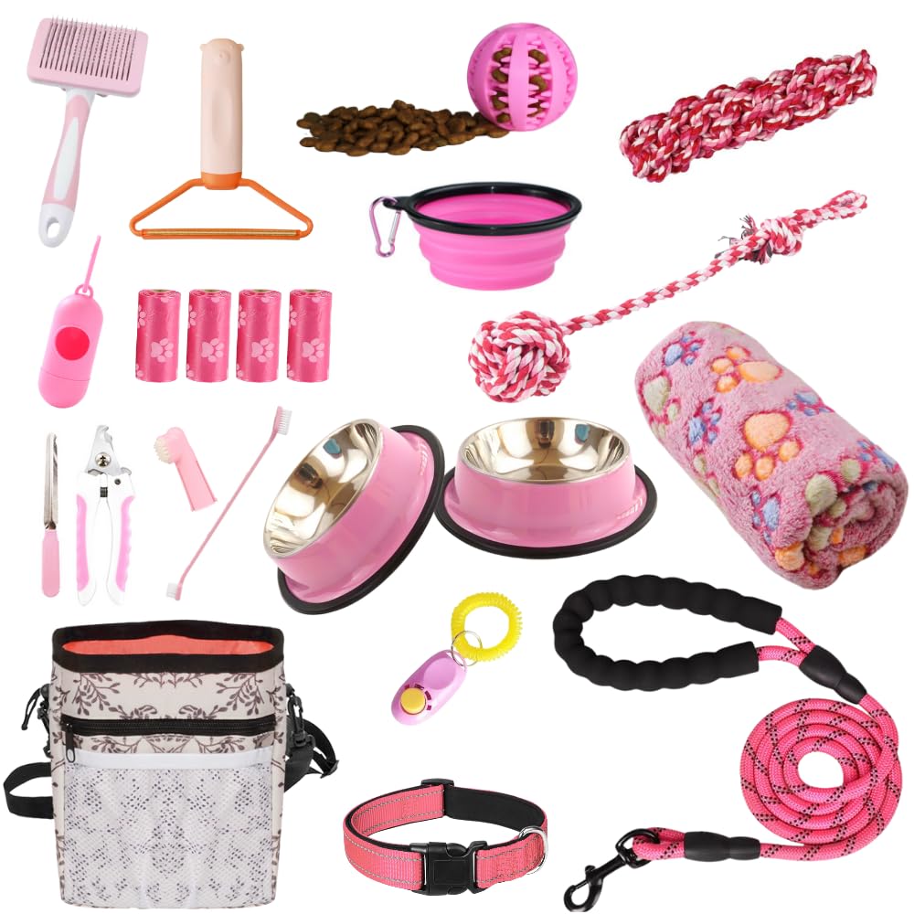 PupLuxe Puppy Starter Kit | Pink 22 Piece Puppy Kit Great for Dog Training Kit | A Great Welcome Puppy Gift | New Puppy Kit Great for First Time Owners and Experience Owners | New Dog Bundle