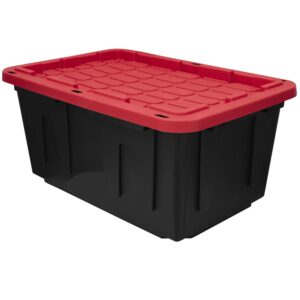 hertl 27 gallon snap lid plastic storage bin container, black with red lid