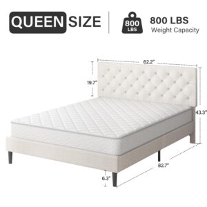 HOMBCK Queen Bed Frame with Headboard, Linen Fabric Upholstered Bed Frame Queen, Wood Slats Support, Button Tufted, No Box Spring Needed, White