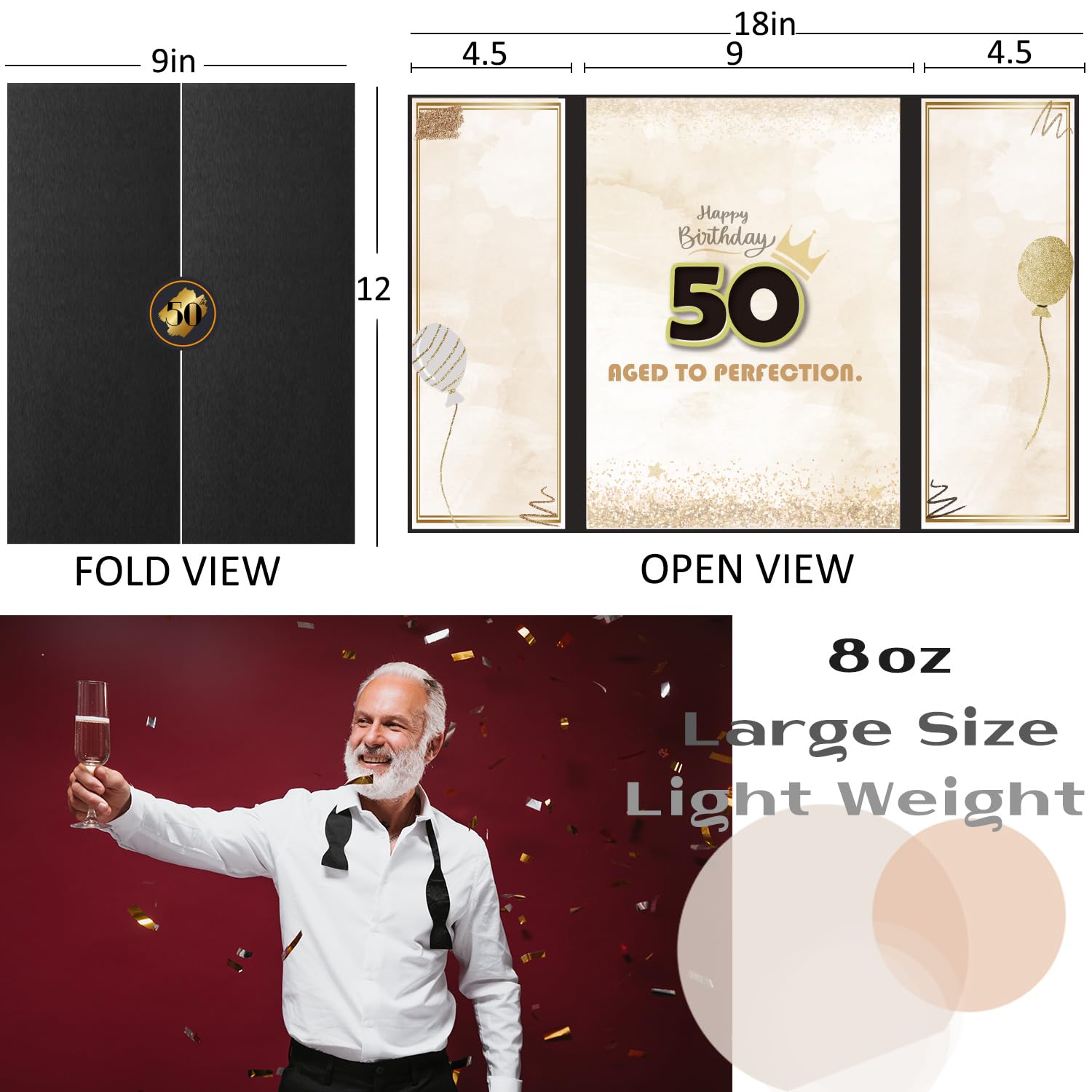 DOUBLESHOOT 50th Birthday Guest Book Alternative Black Gold Party Decorations for Men 12"x18" - 50 Years Sign in Poster Card Gift - Fifty Party Signature Book Keepsake - Table Centerpiece Decor