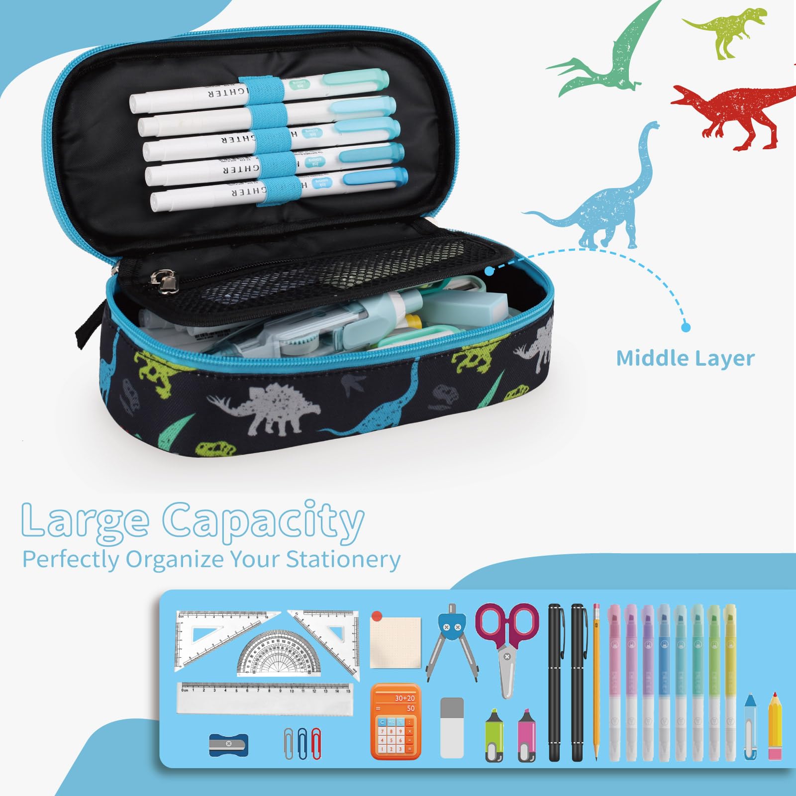 Pencil Case for Boys,Large Capacity Multi-slot Kids Mark Pouch, Adult Big Pencil Bag with Zipper, Teens Large Storage Pencil Box for School College Middle School Office(Black,Dinosaur)