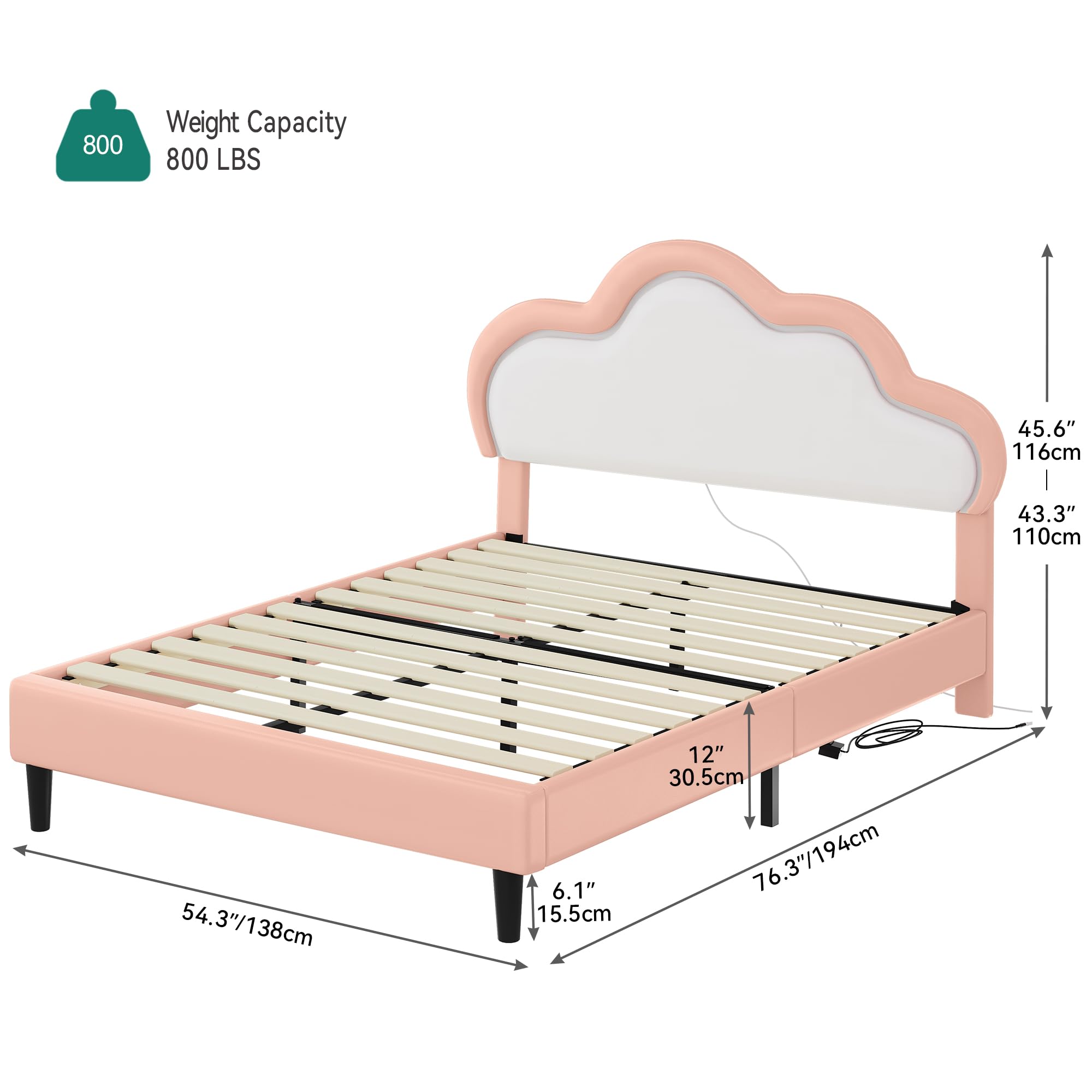 YITAHOME Full Size Bed Frame, LED Bed Frame with PU Faux Leather Adjustable Cloud Headboard, Platform Upholstered Bed Frame with Wooden Slats Support, No Box Spring Needed, Easy Assembly, Pink