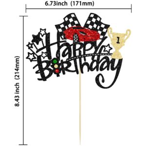 1Pc Race Car Happy Birthday Cake Topper Glitter Traffic Light Trophy Flag Helmet Racing Car Cake Picks for Let's Go Racing Theme Baby Shower Boys Birthday Party Decorations Supplies