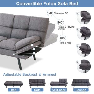 MUUEGM Futon Sofa Bed Couch,Memory Foam Convertible Futon Sleeper, Modern Love seat,Small Splitback Sofa for Living Room,Office,Apartment,Dorm,Compact Space,Adjustable Armrests Backrests,71",Grey