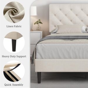 HOMBCK Queen Bed Frame with Headboard, Linen Fabric Upholstered Bed Frame Queen, Wood Slats Support, Button Tufted, No Box Spring Needed, White