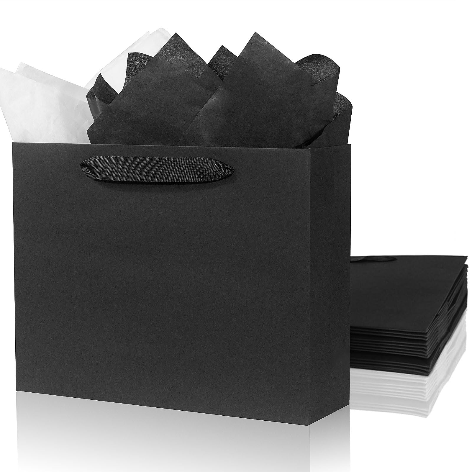 12 Pack Medium 10.6"x3.2"x8.3" Black Gift Bags with Tissue Paper, Kraft Shopping Bags with Ribbon Handles, Retail Wrapping Bags Set for All Occasions