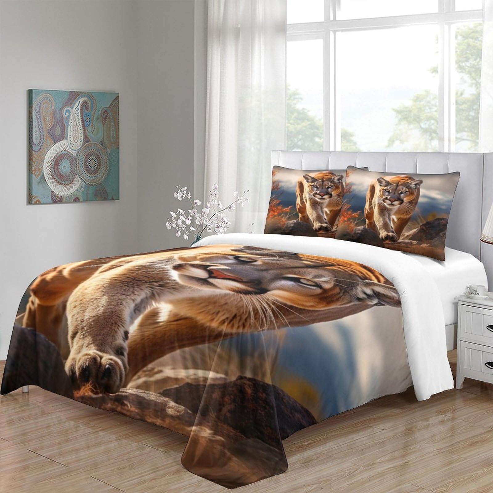 BUKISA Mountain Lion Duvet Cover Set Soft Microfiber Bedding Set Breathable Cougar Quilt Cover with Hidden Zipper Closure and Comforter Cover Sheet Pillowcase Queens（228x228cm）