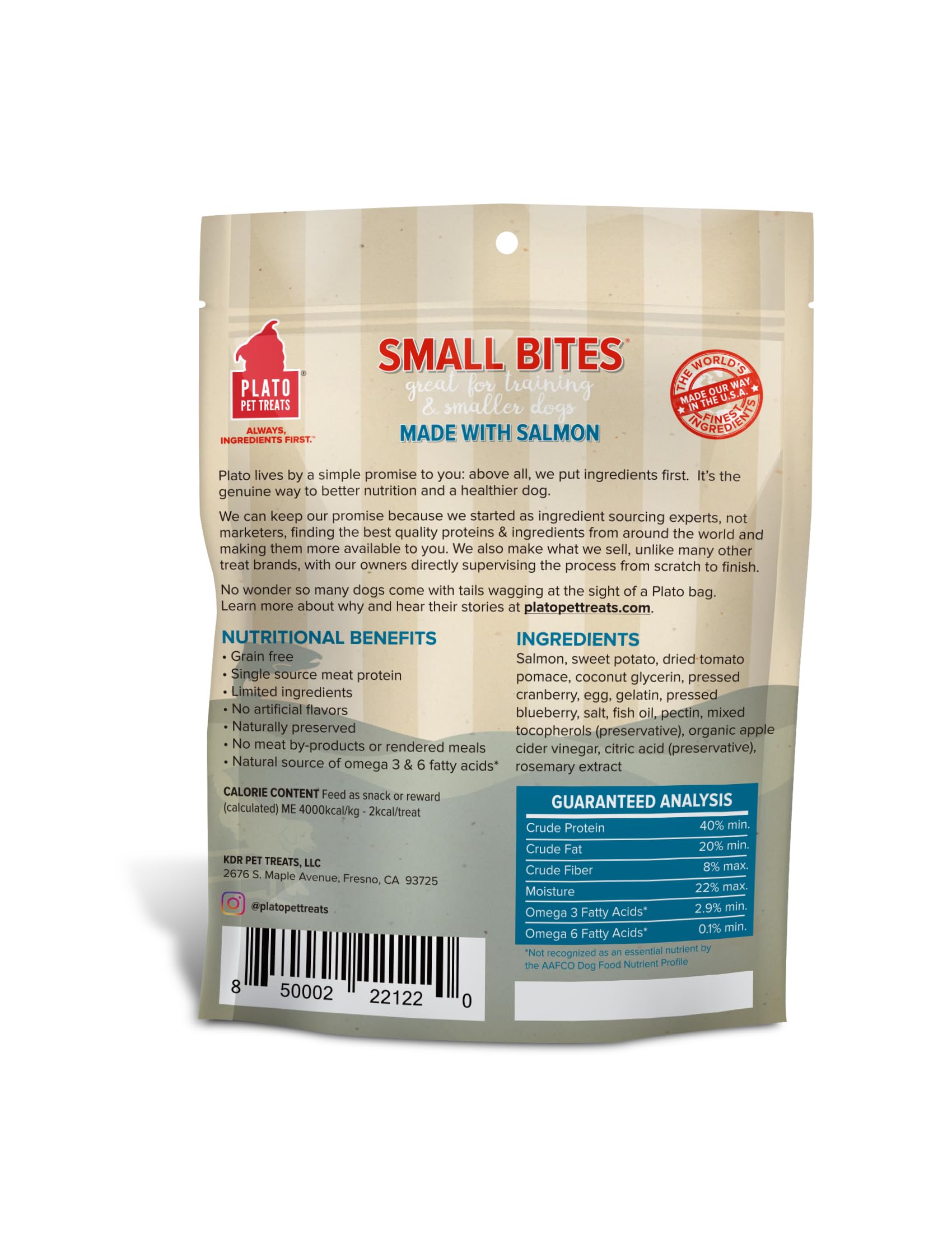 PLATO Small Bites Training Dog Treat Variety Pack, (1) 6oz Bag of Each: Salmon, Organic Chicken, Duck, Lamb, 1.5lb Total