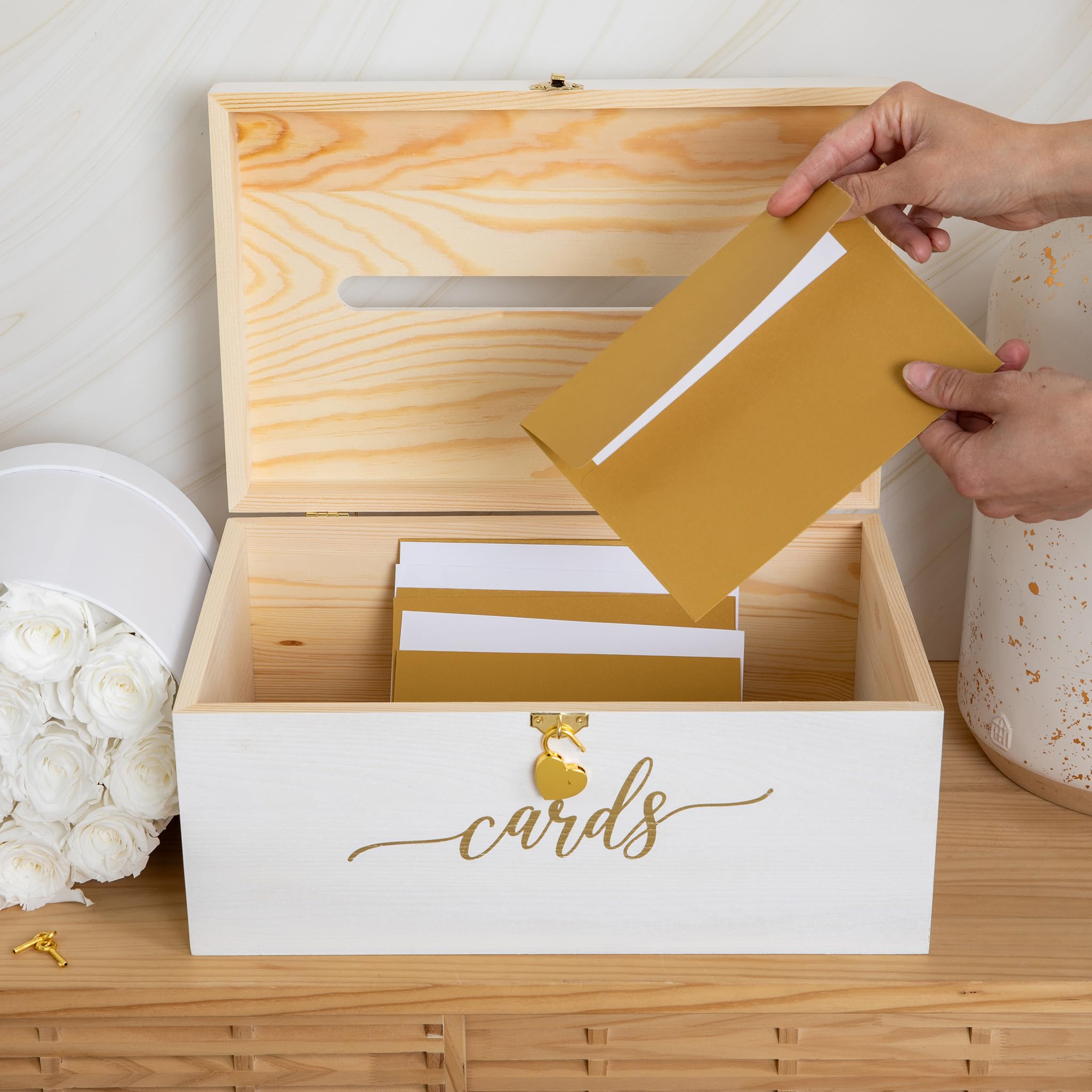 Everwood Emporium Wedding Card Box - 14 x 9 x 6.5 - White with Gold Sign - Secure Wedding Cards Box with Lock - Card Box for Wedding - Wedding Card Boxes for Reception - Best Way To Keep Cards Safe