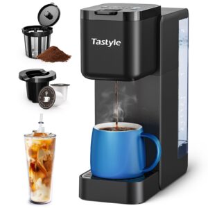 tastyle single serve coffee maker, iced and hot coffee brewer for k cup & ground coffee, with removable 40 oz. water reservoir, 6 to 24 oz. brew sizes, includes bold & descale settings, black