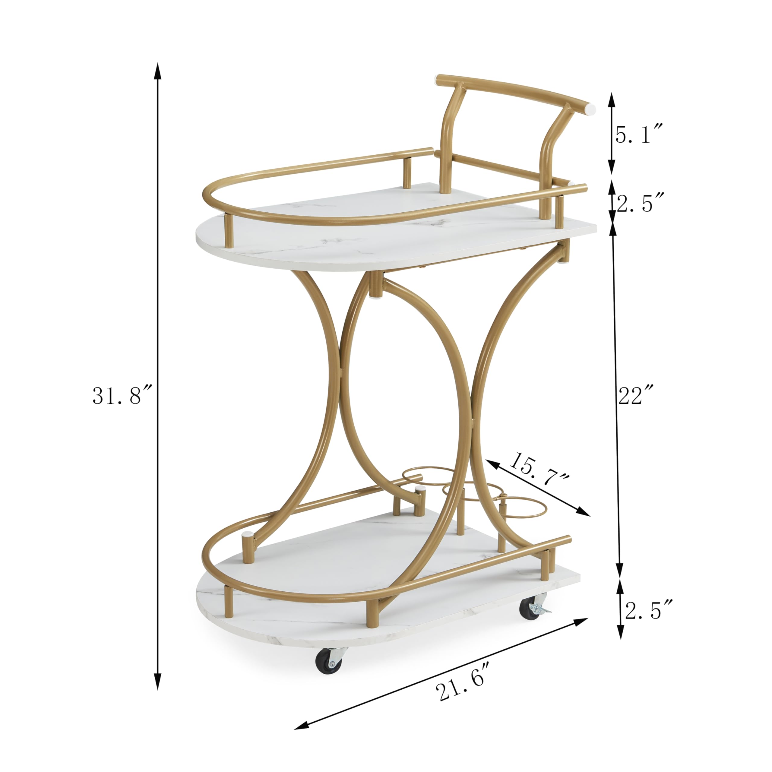 JOIN IRON Gold Bar Cart, 2-Tier Home Bar Serving Cart with Wheels, Wine Rack & Glass Holder, Mobile Beverage Cart for Kitchen, Dining Room, and Living Room (Gold2)