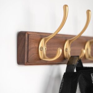 muso wood Coat Rack Wall Mounted Wooden Hat Rack and Coat Hanger Wall Coat Rack with 4 Gold Hooks for Entryway Bathroom Bedroom Walnut -15.75inches