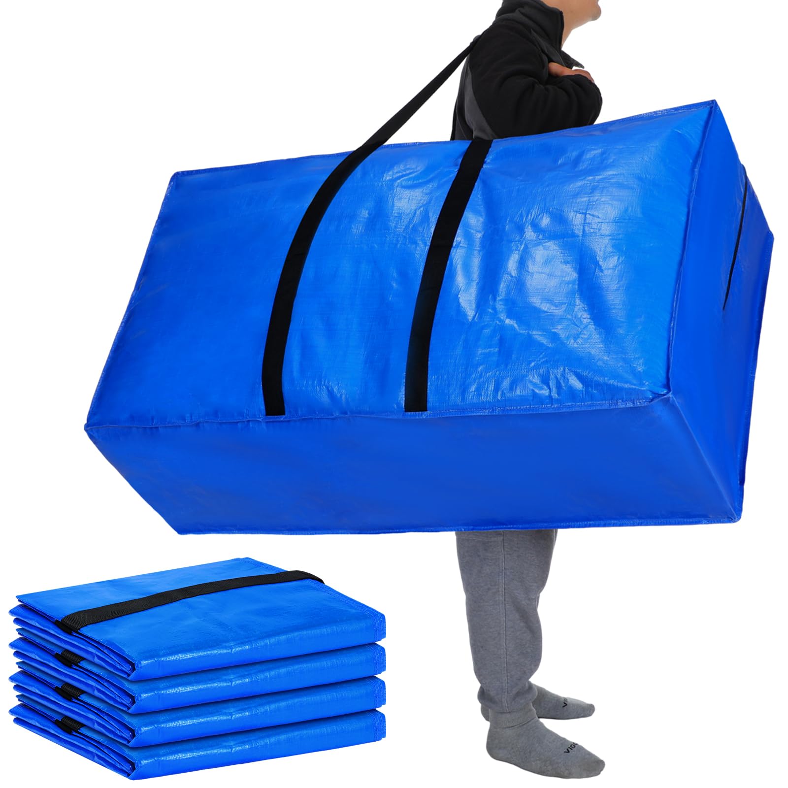 Windyun 4 Pcs Extra Large Storage Bags XL Storage Bags Heavy Duty Moving Bags Totes Moving Boxes Supply for College Foldable Duffle Bag for Travel Clothes Bedding Moving Supplies (Blue,57 Gallon)