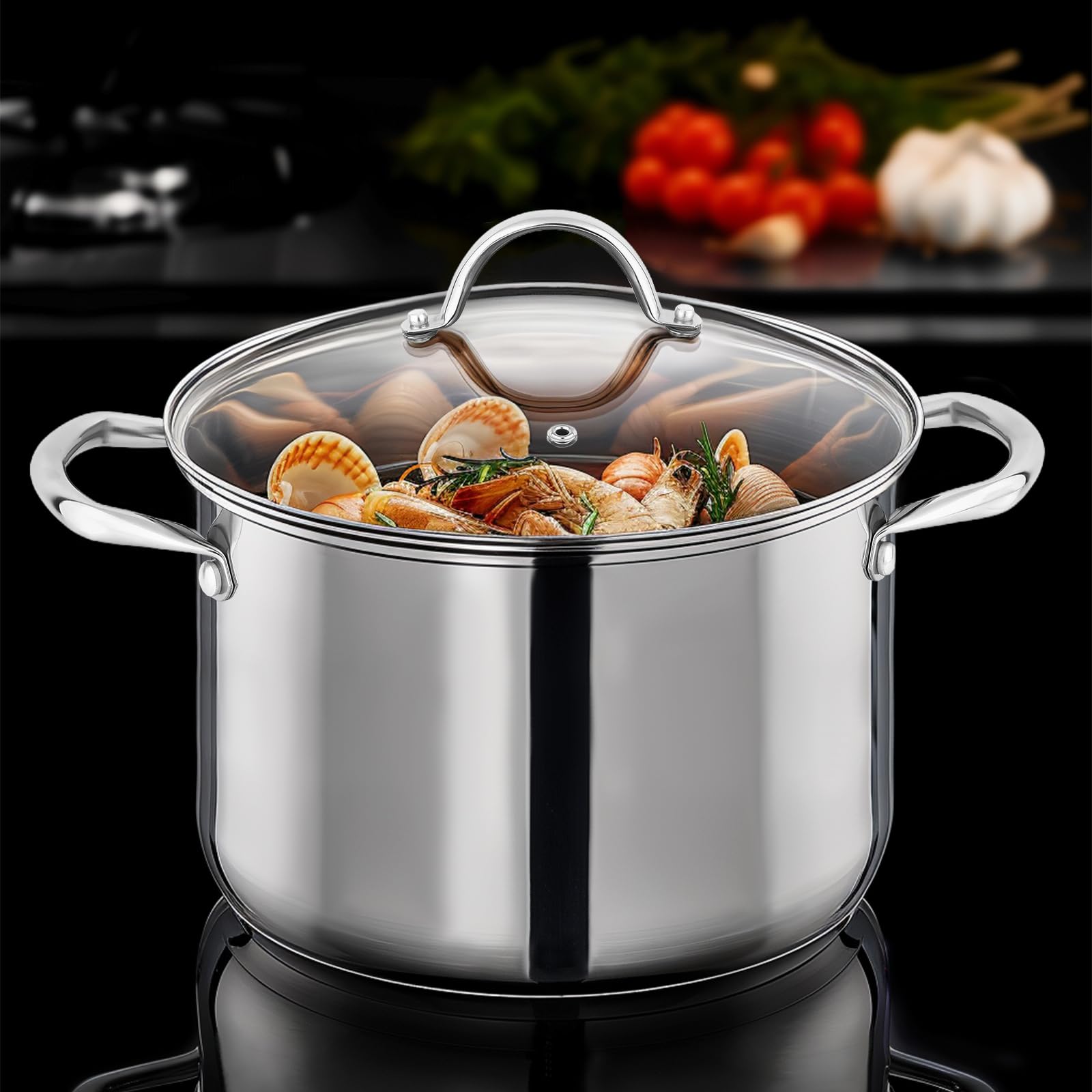 GreatChef Stock Pot Stainless Steel 16 Quart with Tempered Glass Lid for Cooking Riveted Handle, Heavy Duty Vessel,Induction Compatible All Cooktops in Use, Dishwasher & Oven Safe