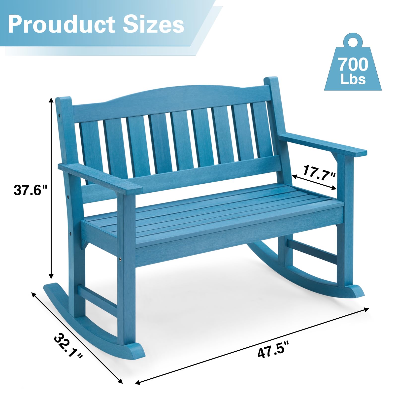 ACUEL Rocking Chair Outdoor for 2 Person, Poly Lumber Oversized Front Porch Rocking Bench, Weather Resistant, Heavy Duty Patio Rocker Chairs with Wide Curved Seat for Lawn, Garden and Poolside (Blue)