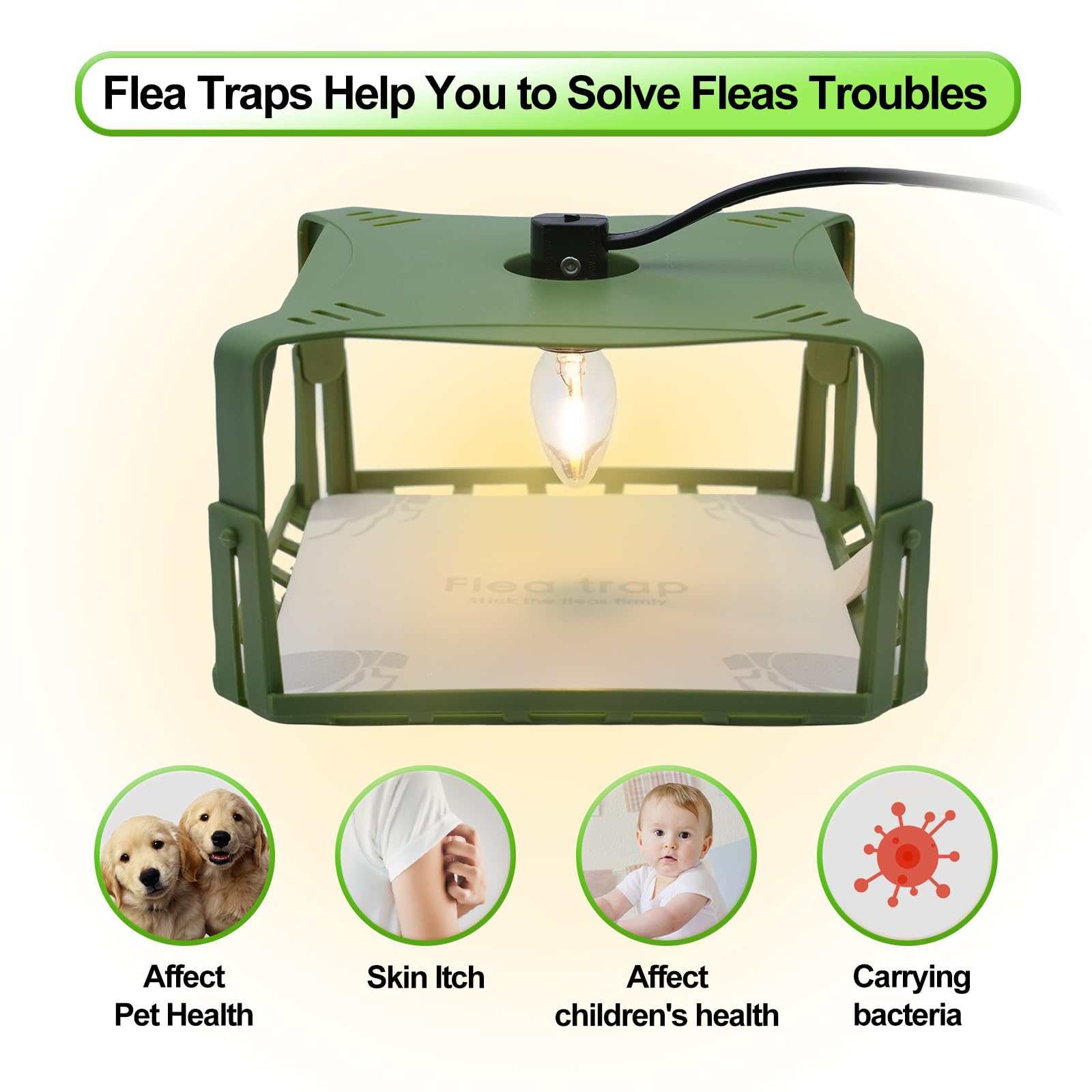 Flea Traps for Inside Your Home, Flea Killer Trap Indoor Natural Safe Pest Control Trapper House Sticky Insect Killer with Light & Switch Bed Bug Trap, Safe for Kid & Pet, 2 Packs Green