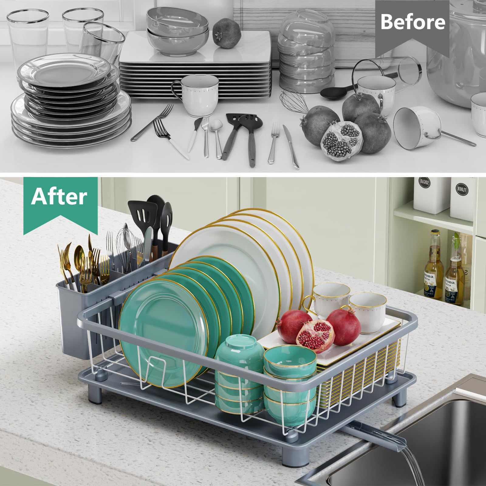 Hiviweer Dish Drying Rack - Space-Saving Dish Rack,Dish Racks for Kitchen Counter with Drainboard, Rustproof Dish Drainer with a Removable 4-Compartment Utensil Holder,Gray