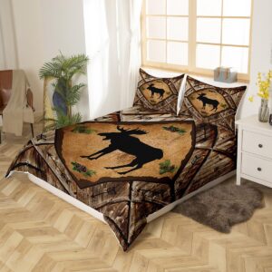 Moose Duvet Cover Queen Size 3 Pcs Barn Door Wooden Stripes Rustic Farmhouse Bedding Set for Kids Teens Adults Cartoon Tribal Arrow Wild Animal Plants Comforter Cover with 2 Pillowcases