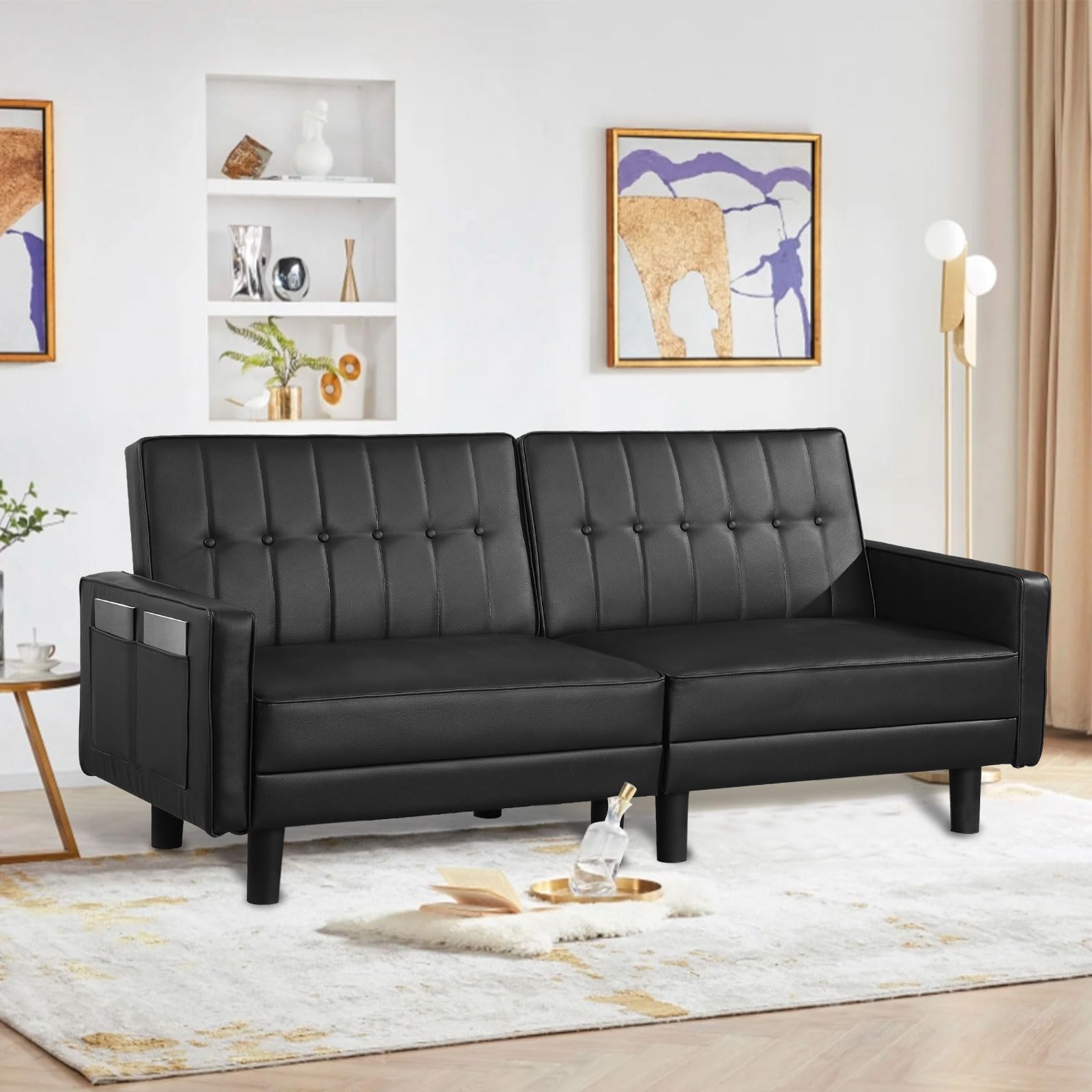 OQQOEE Convertible Sofa Faux Leather Futon Sofa Bed Adjustable Upholstered Sofa Couch Folding Lounge Loveseat with Side Pockets for Living Room,Bed Room