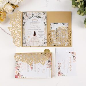 Maffily 50pcs Gold Laser Cut Wedding Invitations Card Pocket with Envelope and RSVP Cards 5x7 '' Tri-Fold Wedding Invitation Kit for Wedding Engagement Bridal Shower Birthday Quinceanera Party Invite