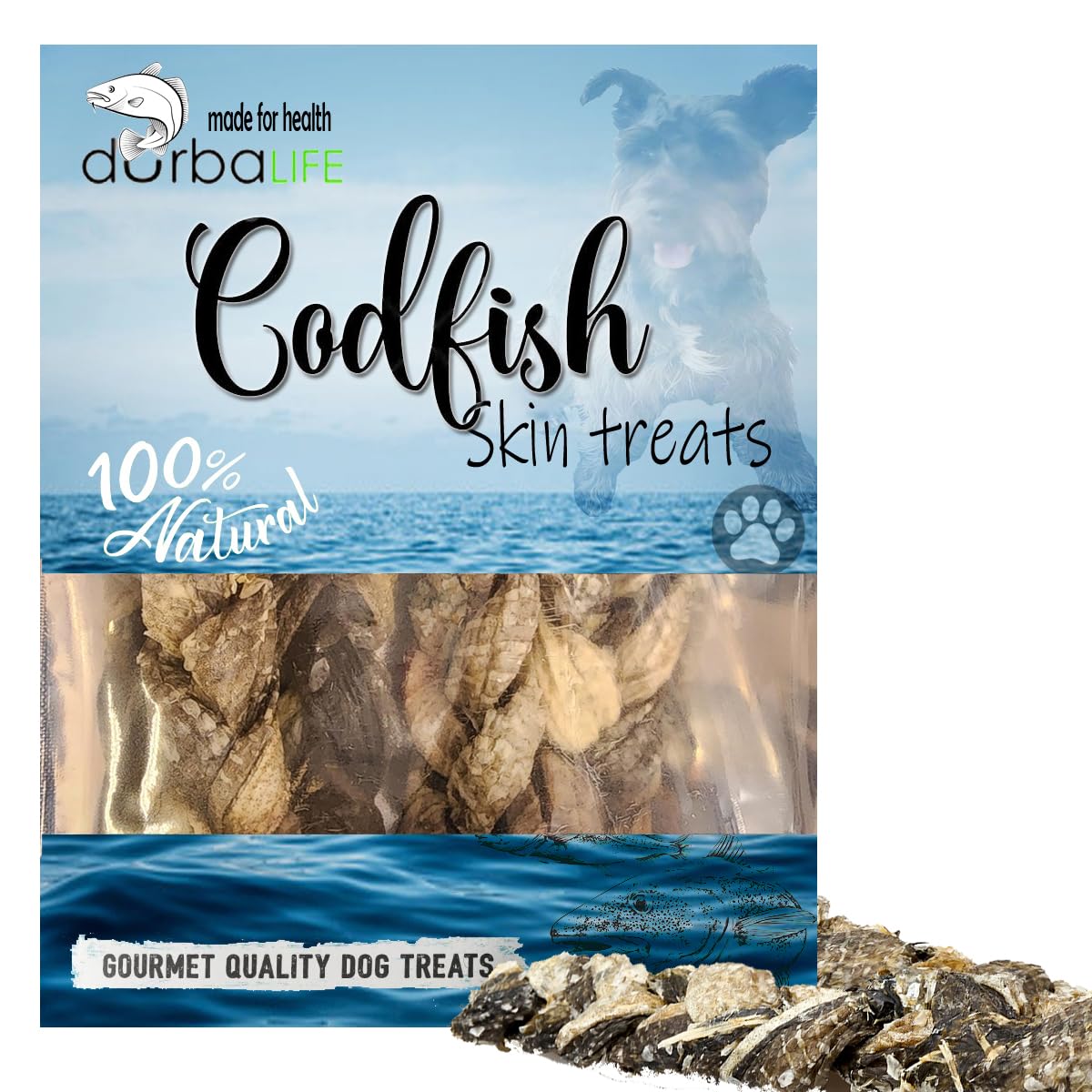 DurbaLife Air-Dried Cod Fish Braided Skin Treats for Dogs. Extra Crispy & Crunchy Hand Wrapped Single Ingredient Sticks Chews. Grain Free. (3.1 Oz Pack)